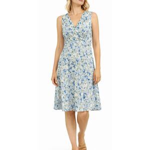 Vintage Loft 100% Silk blue floral ruffled vneck dress size 6